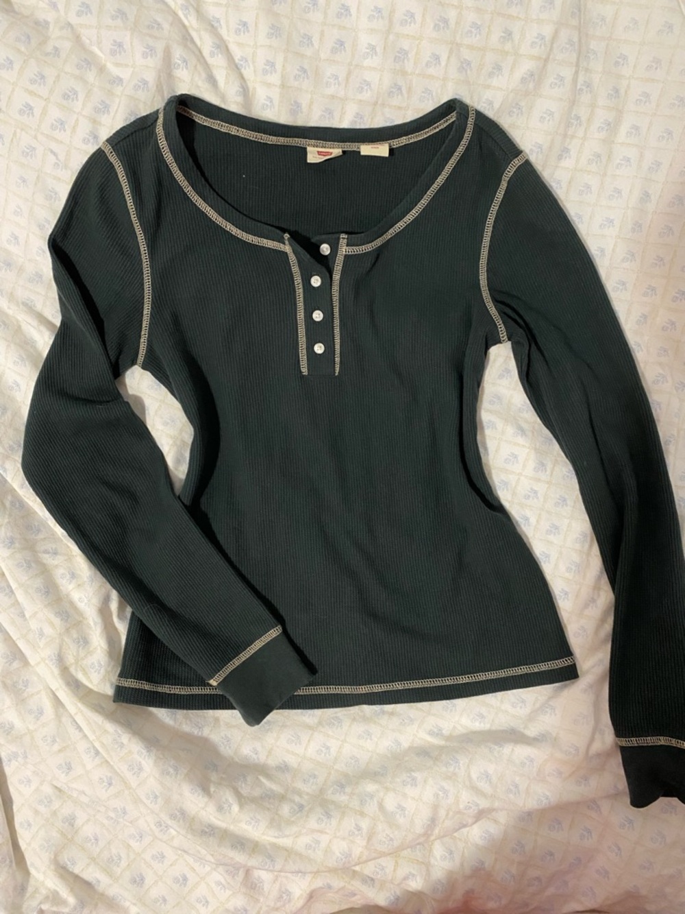 Levi's Forest Green Ribbed Top with Cream Trim